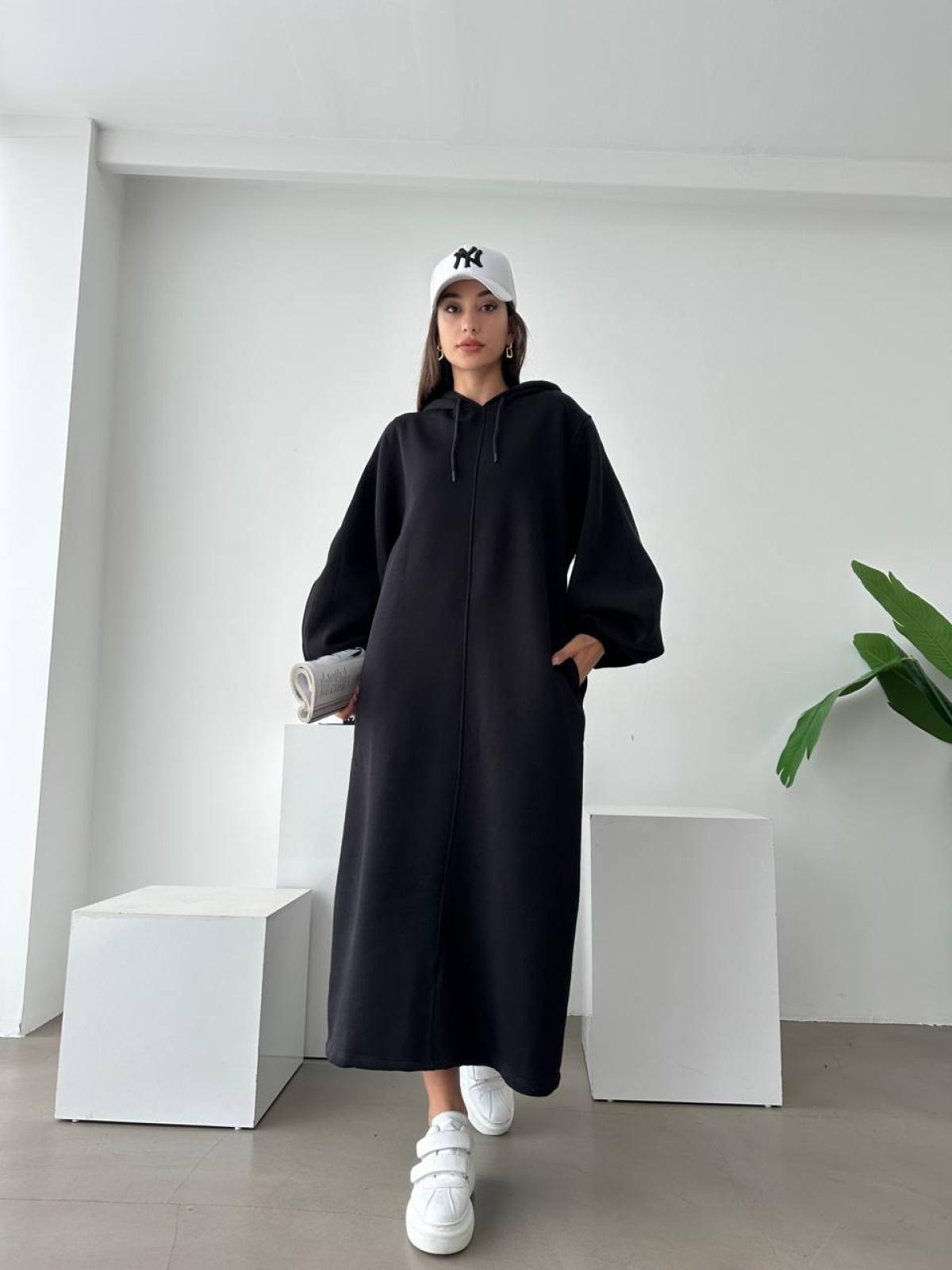 Women long-sleeve hooded midi dress wholesale Black color
