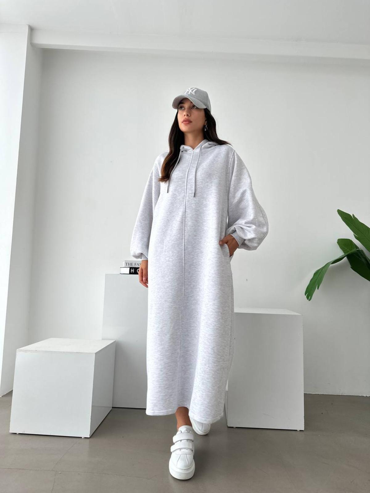 Women long-sleeve hooded midi dress wholesale Gray color