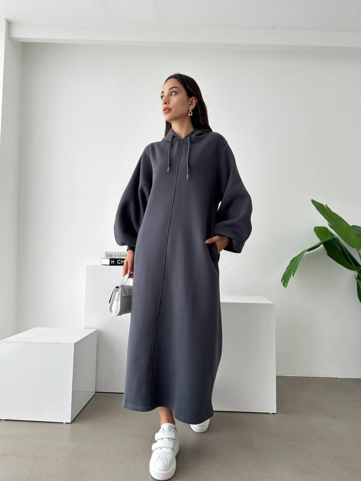 Women long-sleeve hooded midi dress wholesale Anthracite color
