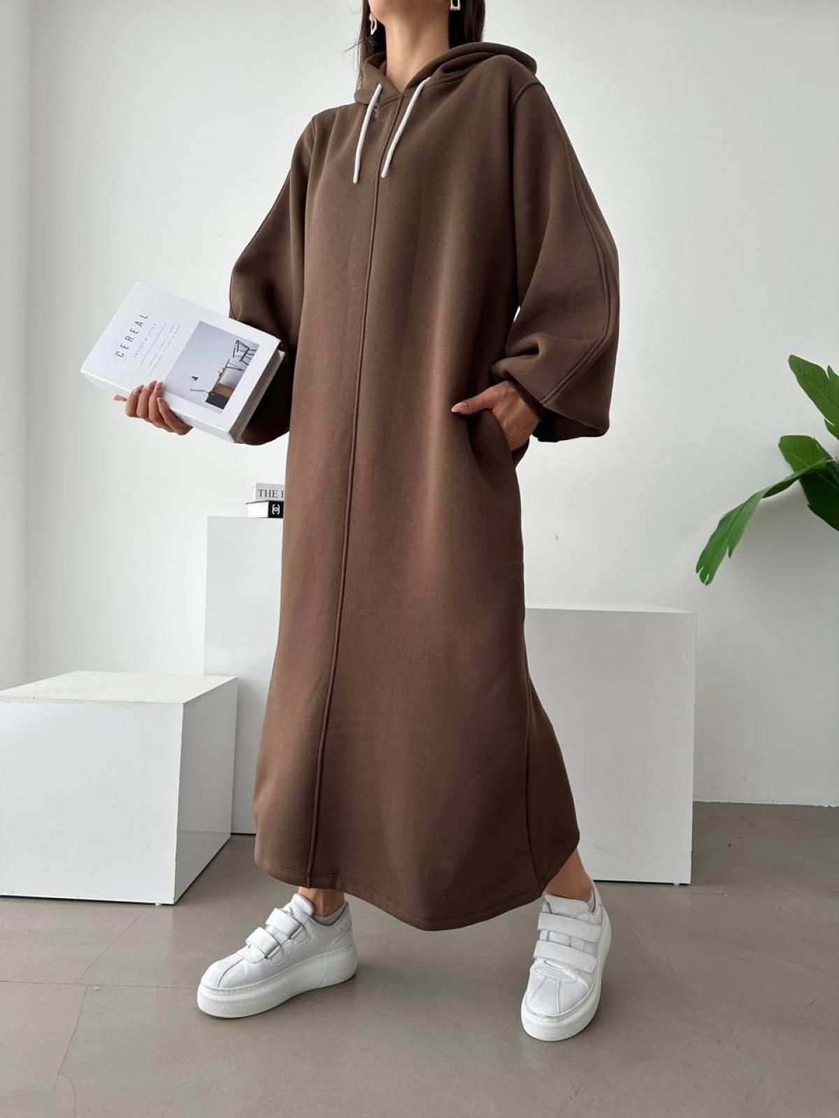 Women long-sleeve hooded midi dress wholesale Brown color