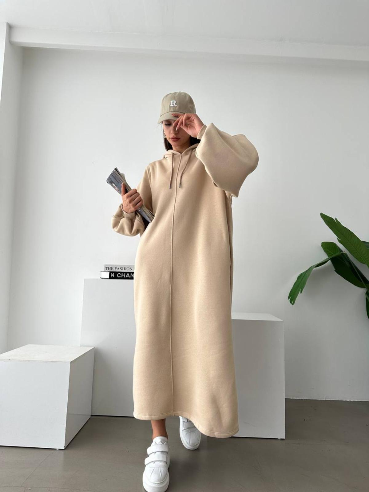 Women long-sleeve hooded midi dress wholesale Beige color