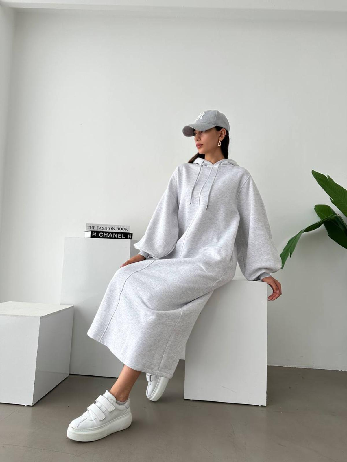 Women long-sleeve hooded midi dress wholesale Gray color