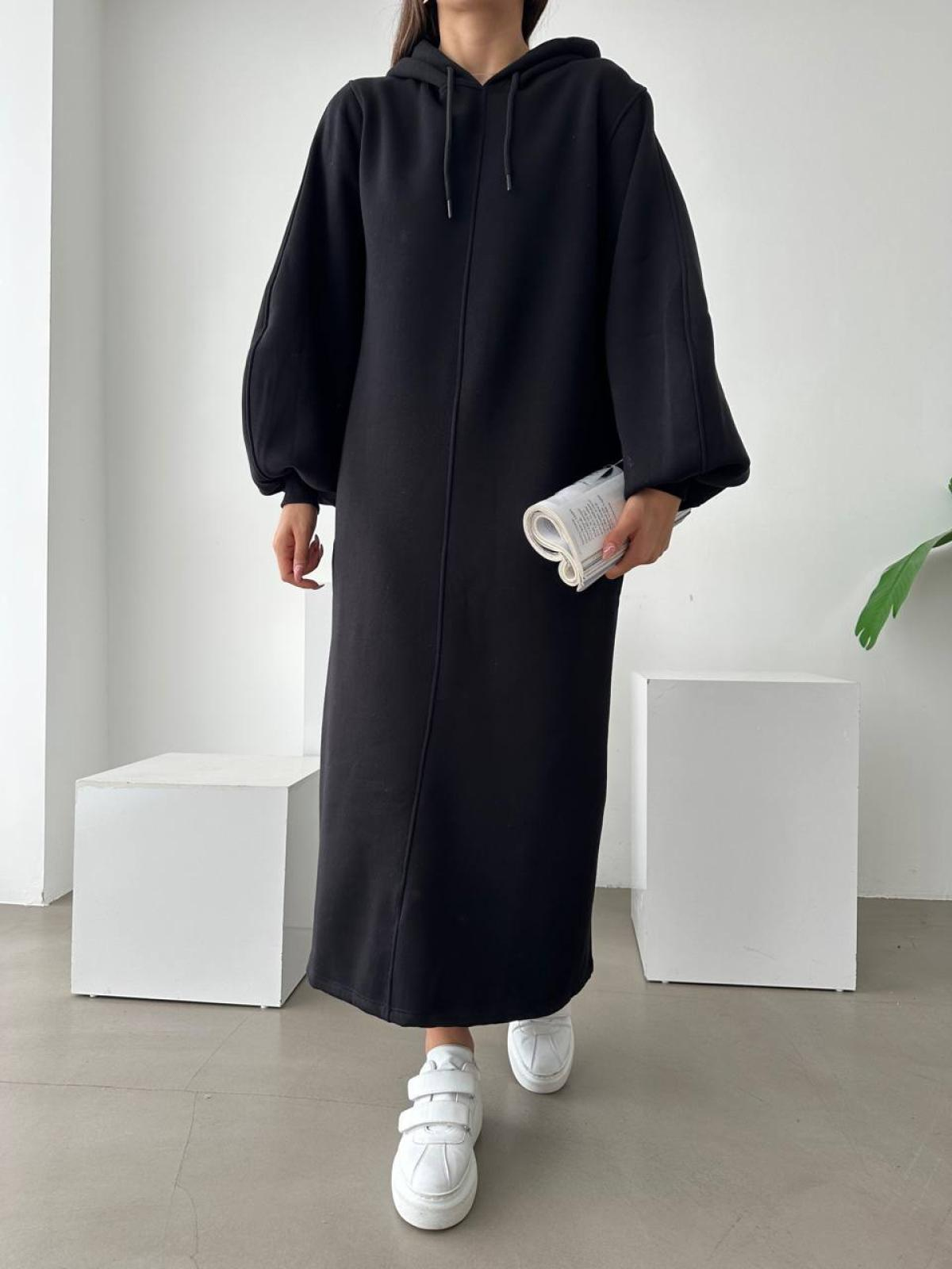 Women long-sleeve hooded midi dress wholesale Black color