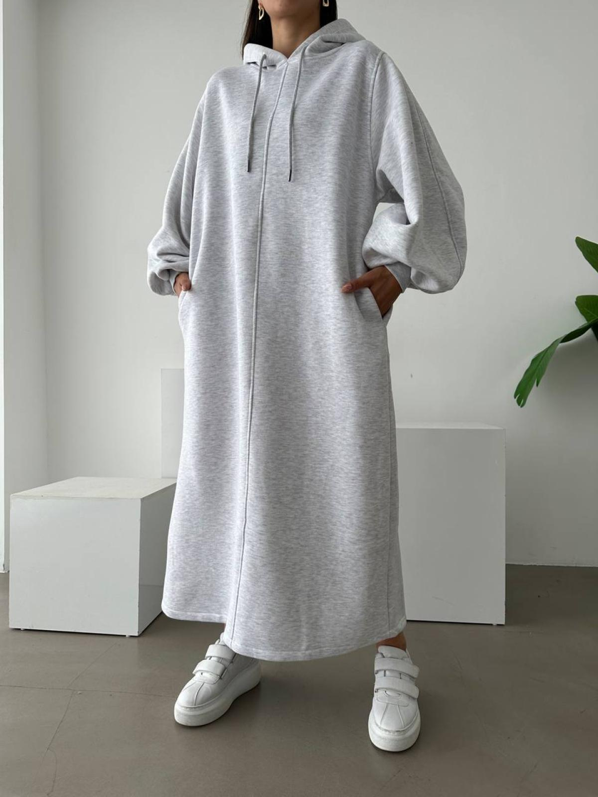 Women long-sleeve hooded midi dress wholesale Gray color