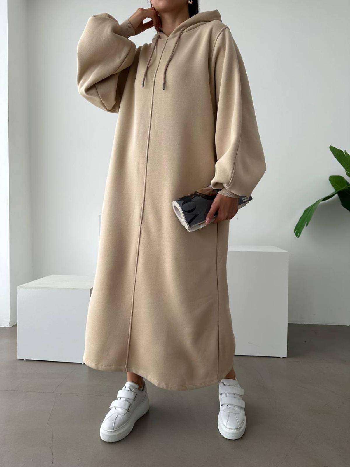 Women long-sleeve hooded midi dress wholesale Beige color
