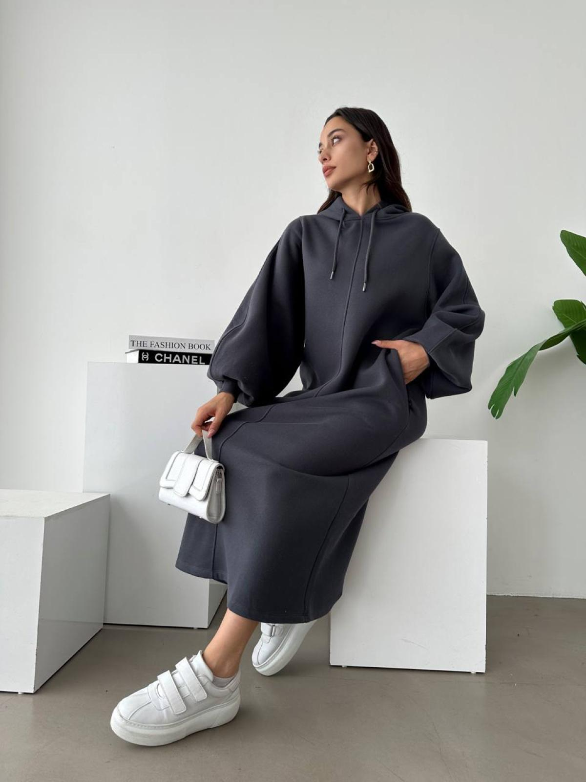 Women long-sleeve hooded midi dress wholesale Anthracite color