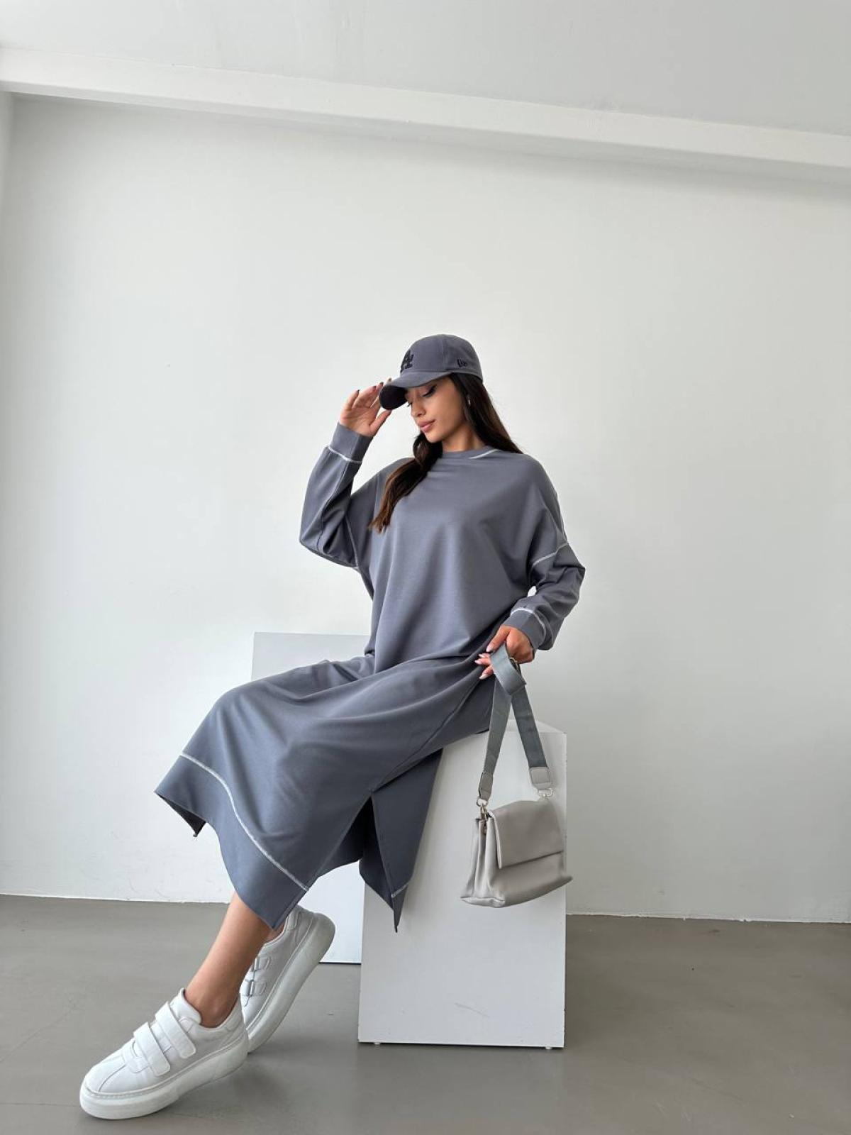 Women long-sleeve midi dress wholesale Dark Gray color