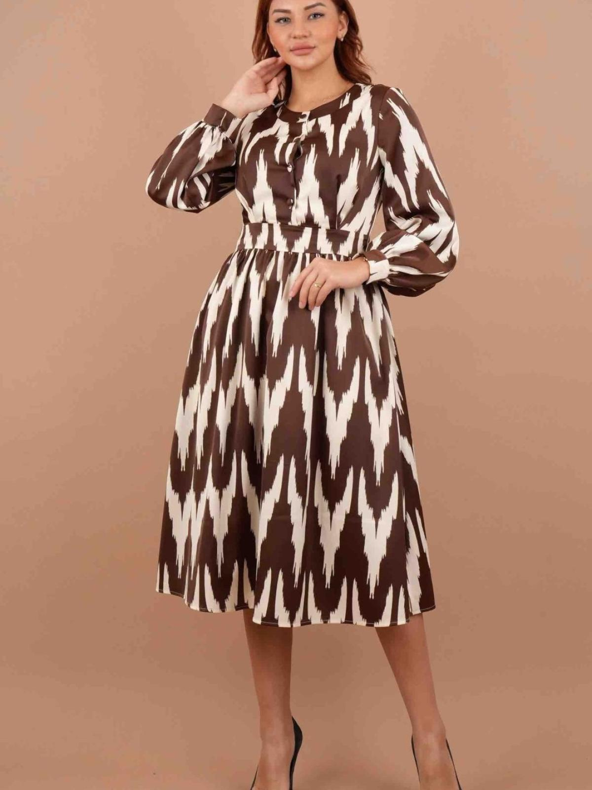 Women long-sleeve patterned midi dress wholesale Brown color