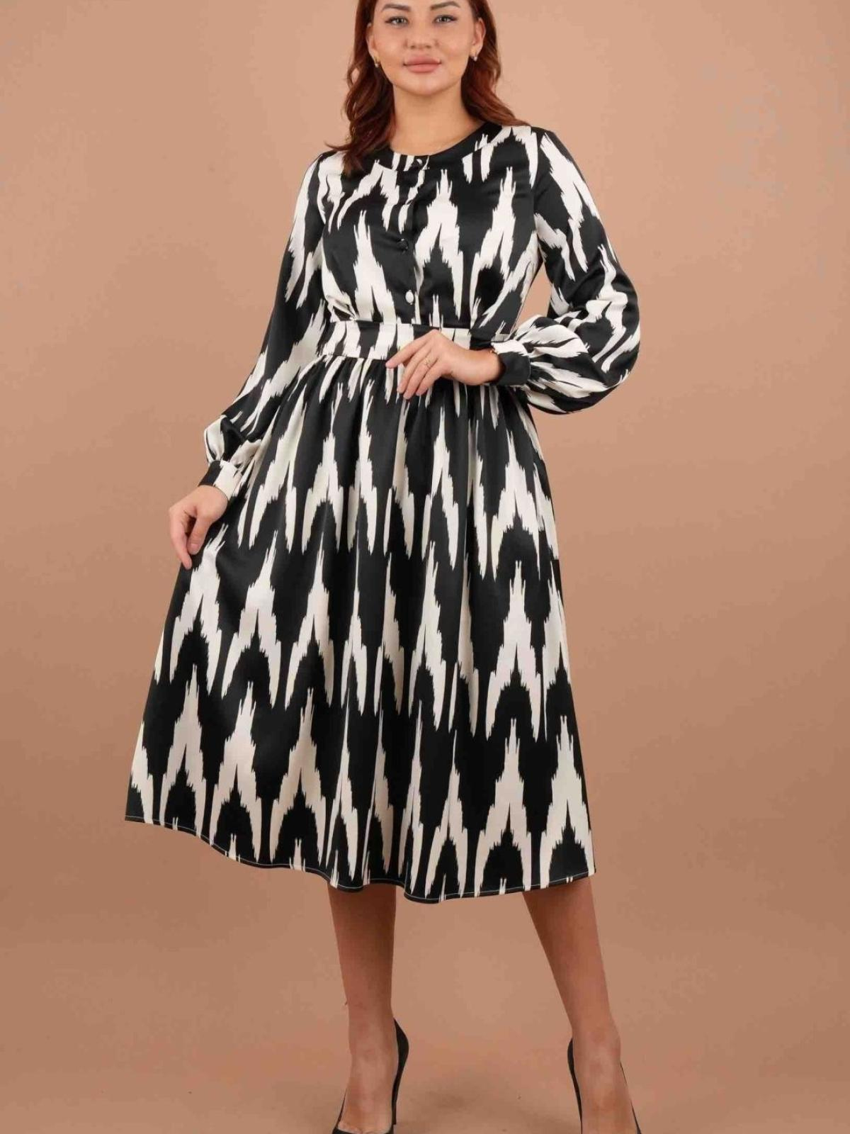 Women long-sleeve patterned midi dress wholesale Black color