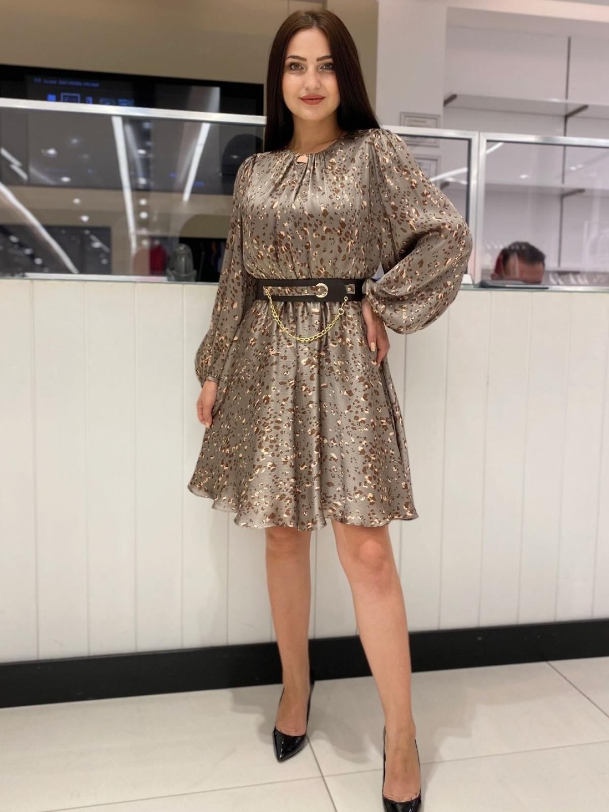 Women long-sleeve patterned mini dress wholesale Mink color