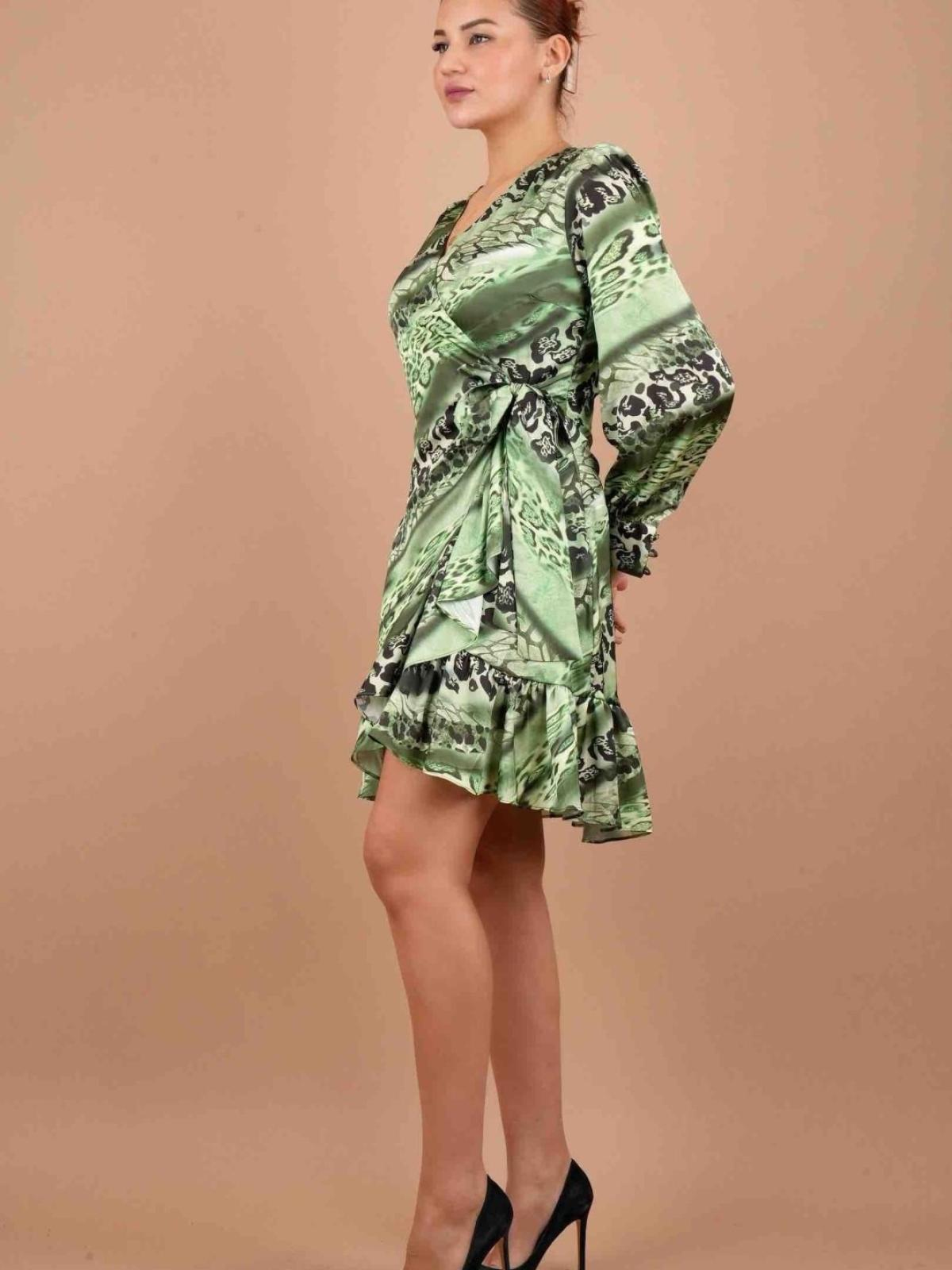 Women long-sleeve patterned mini dress wholesale Olive color 669271