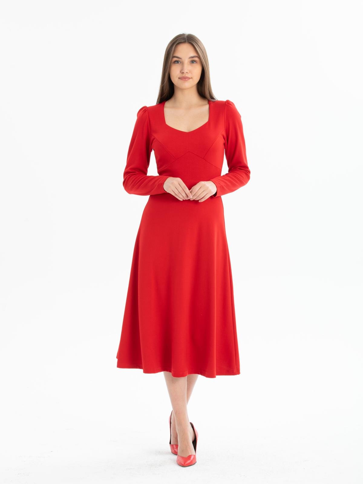 Women long-sleeve square-neck midi dress wholesale Red color