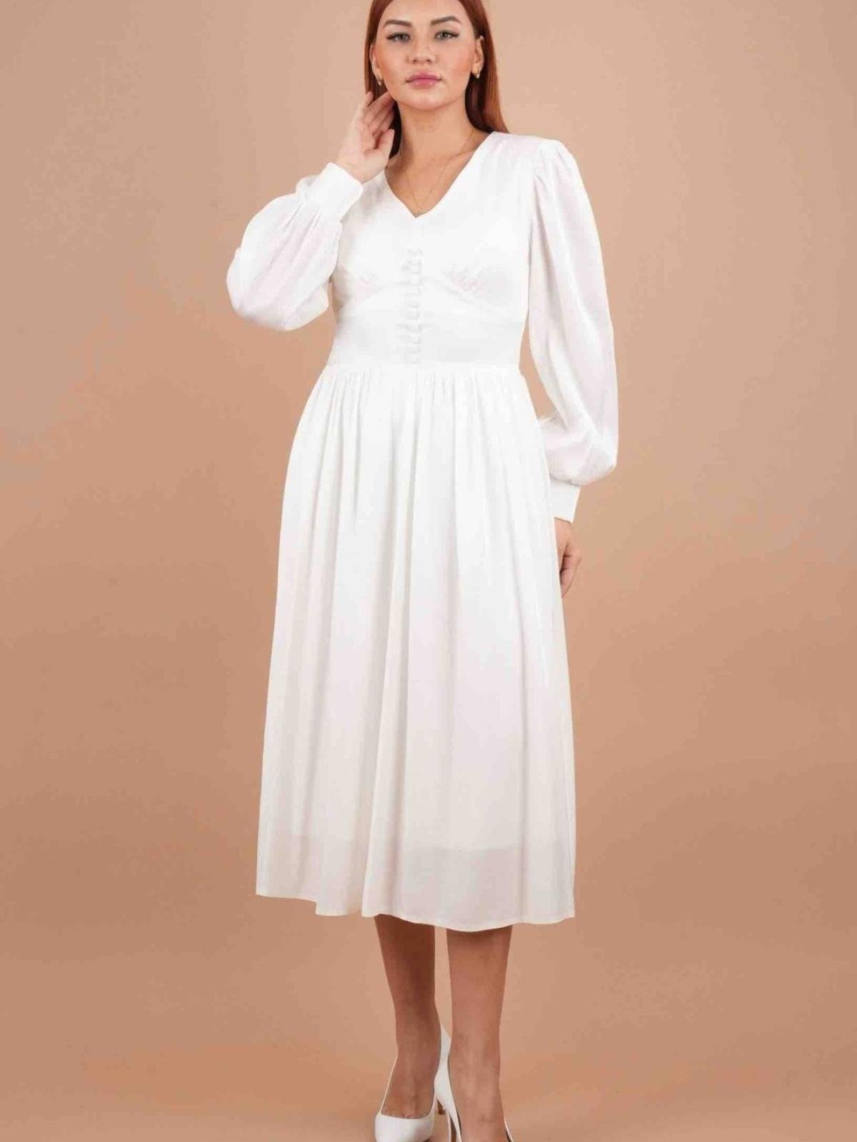 Women long-sleeve v-neck midi dress wholesale White color