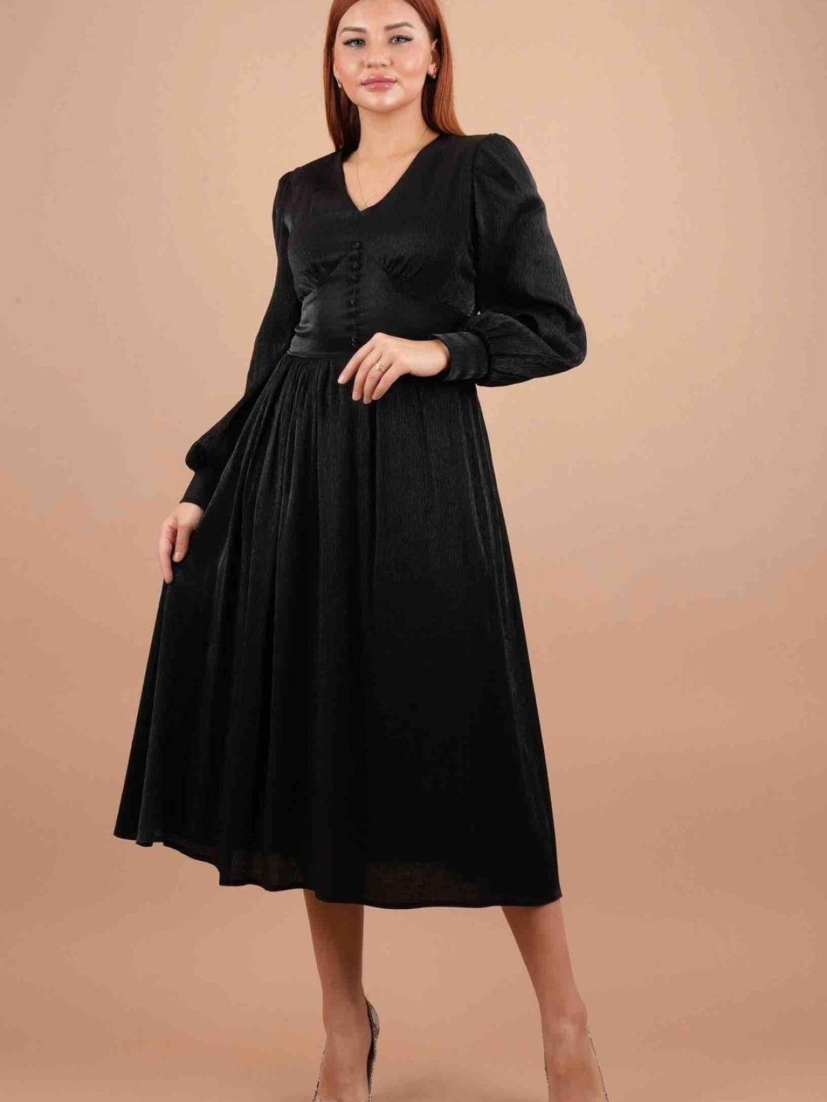 Women long-sleeve v-neck midi dress wholesale Black color