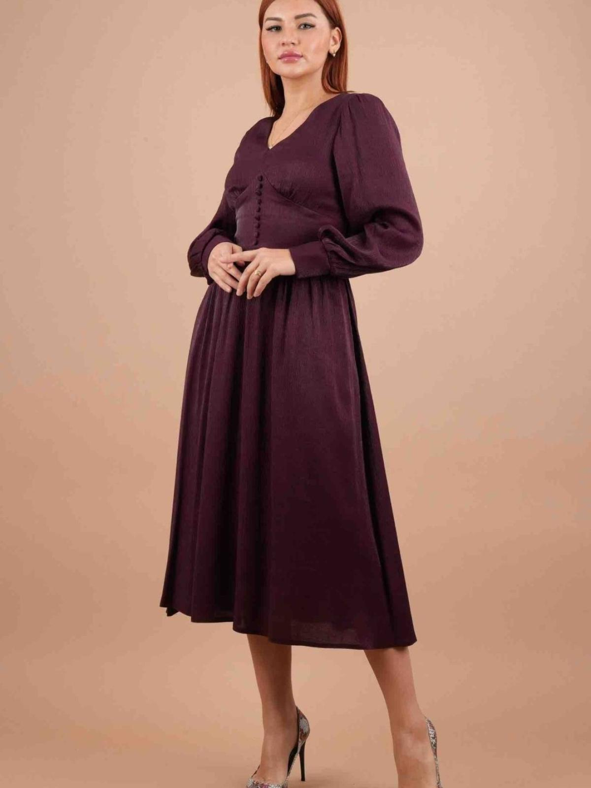 Women long-sleeve v-neck midi dress wholesale Burgundy color