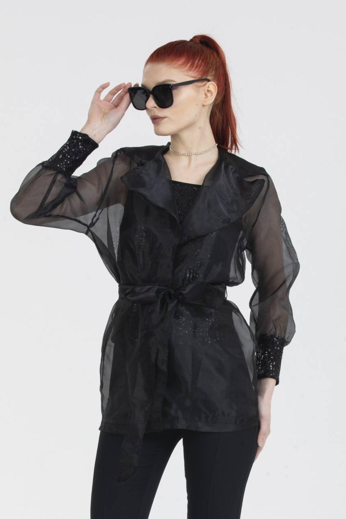 Women mesh jacket with sequin cuffs wholesale Black color 691406