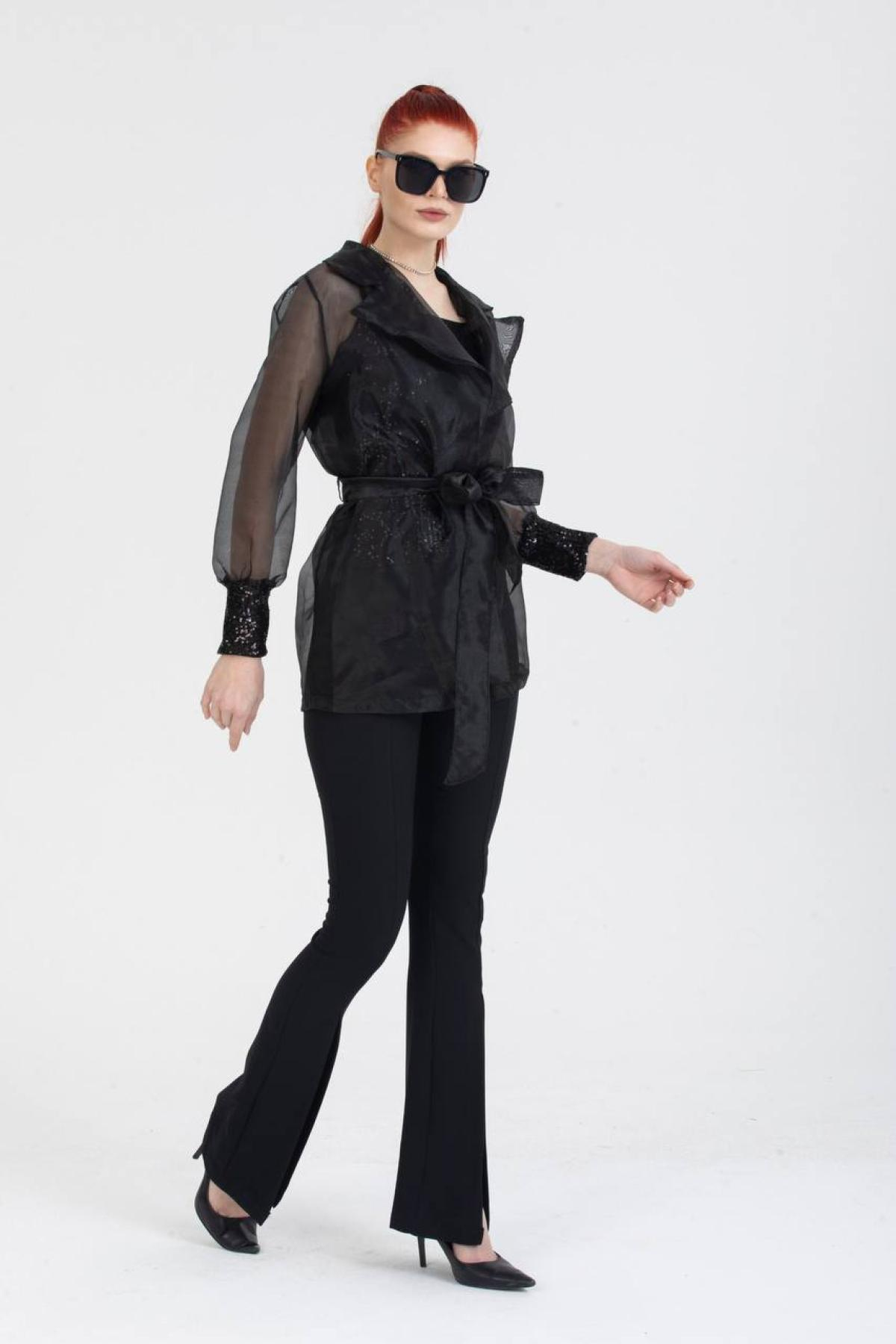 Women mesh jacket with sequin cuffs wholesale Black color 691406