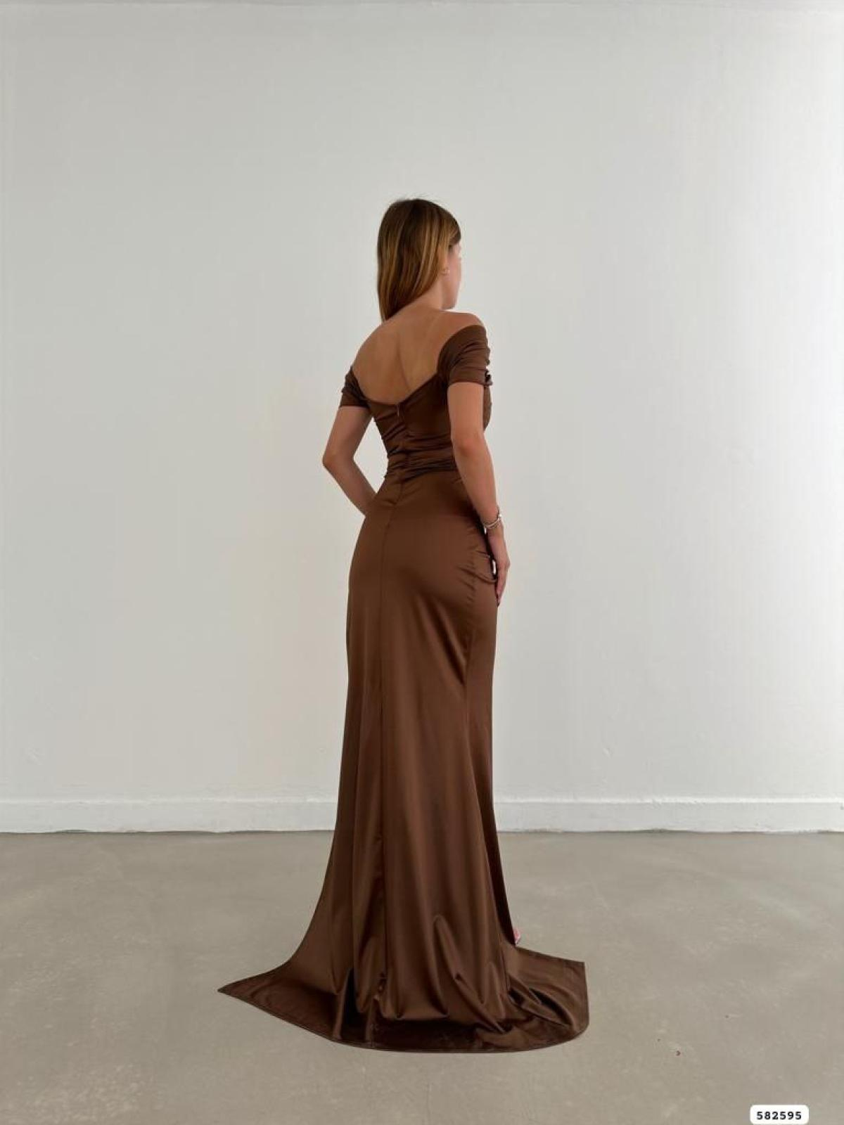 Women off-the-shoulder evening dress wholesale  Brown color 668811