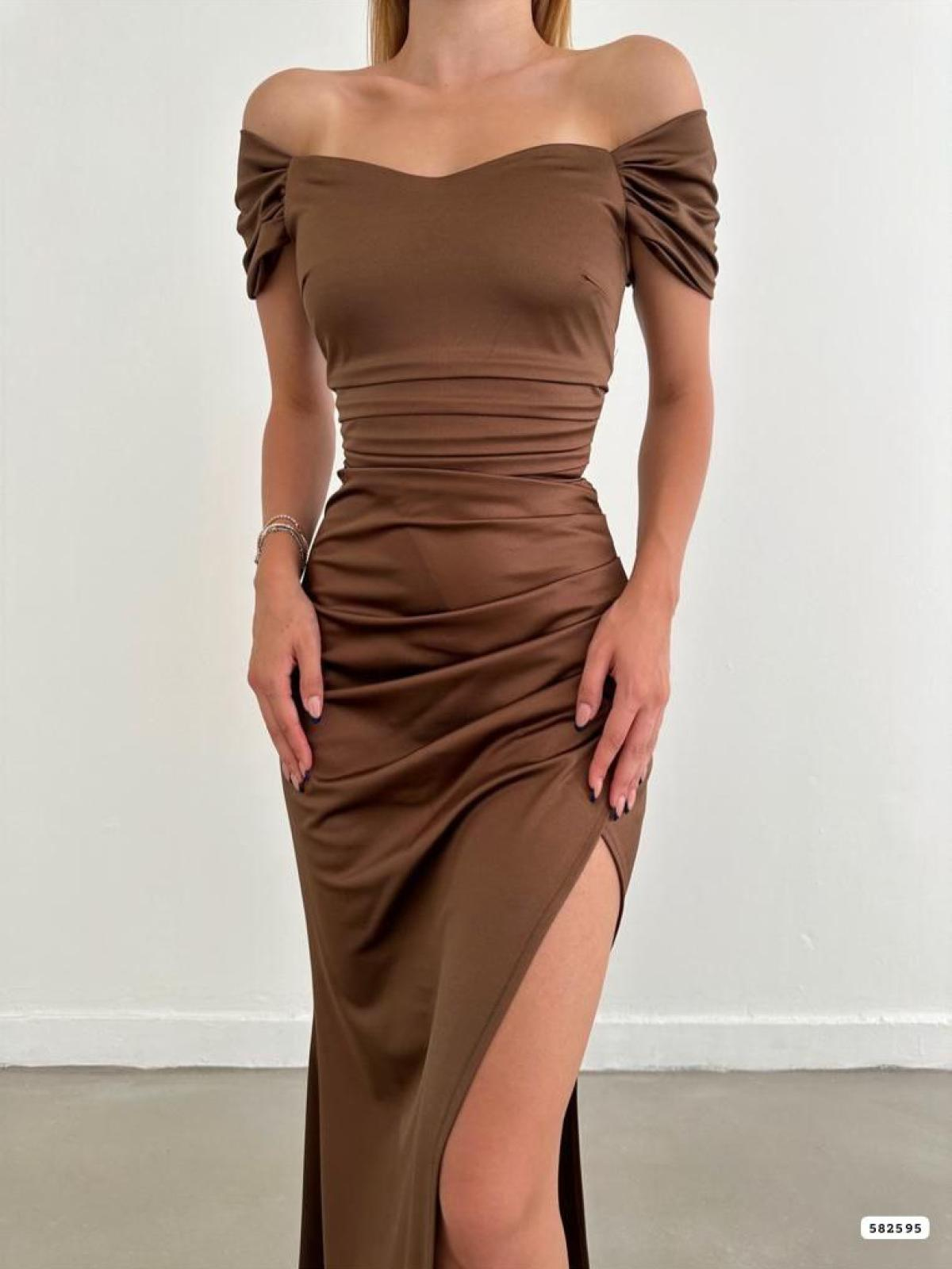 Women off-the-shoulder evening dress wholesale  Brown color 668811