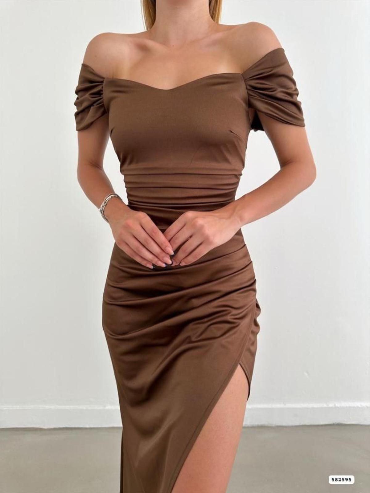 Women off-the-shoulder evening dress wholesale  Brown color 668811