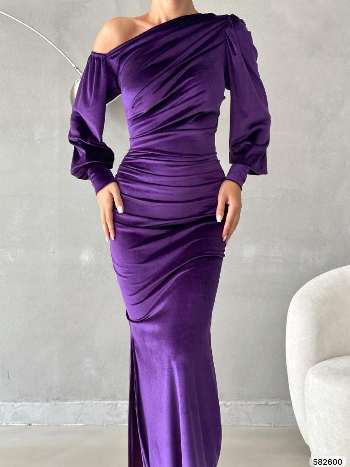 Women one-open-shoulder evening dress wholesale Purple color 668802