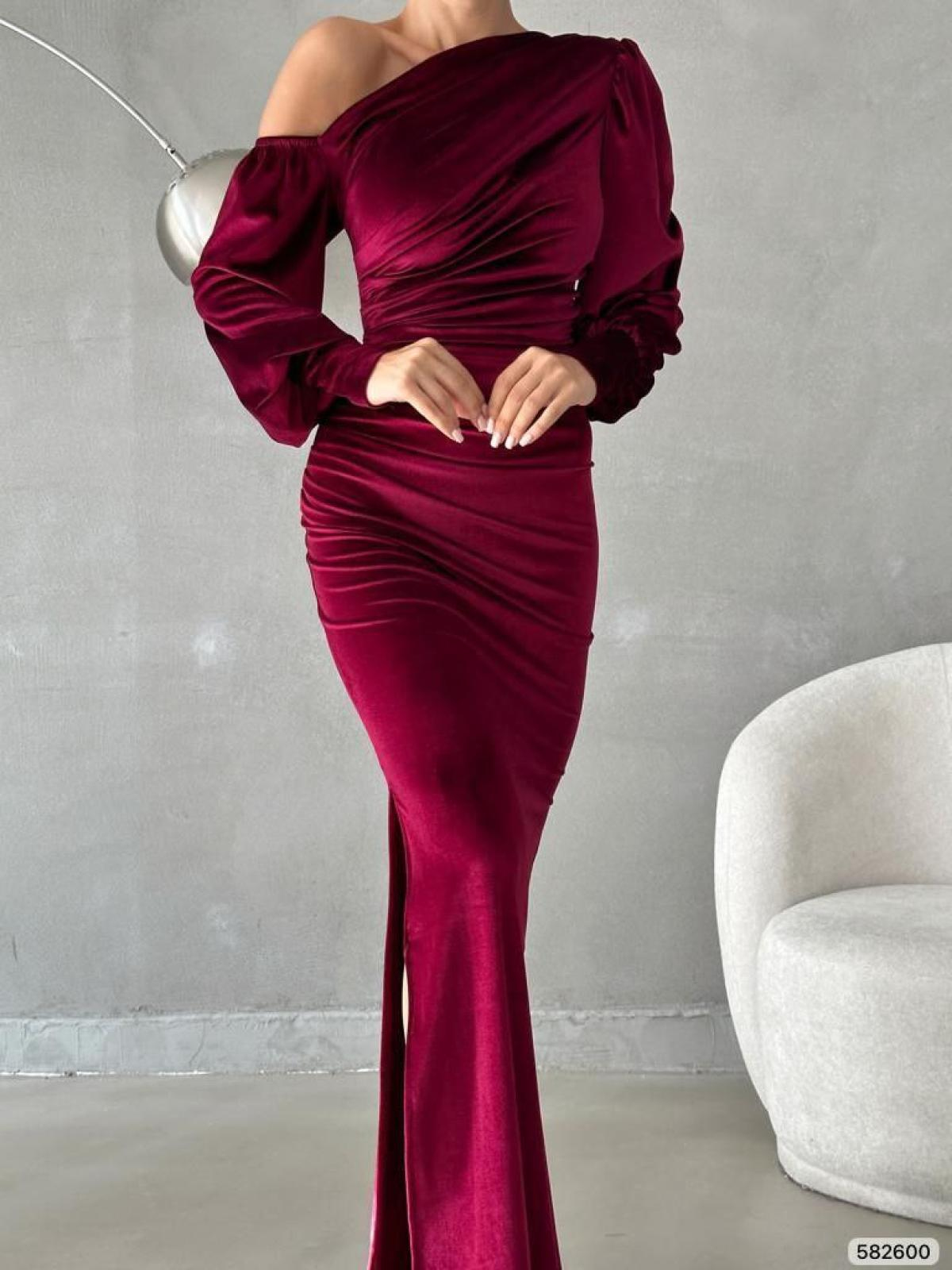 Women one-open-shoulder evening dress wholesale Burgundy color 668805