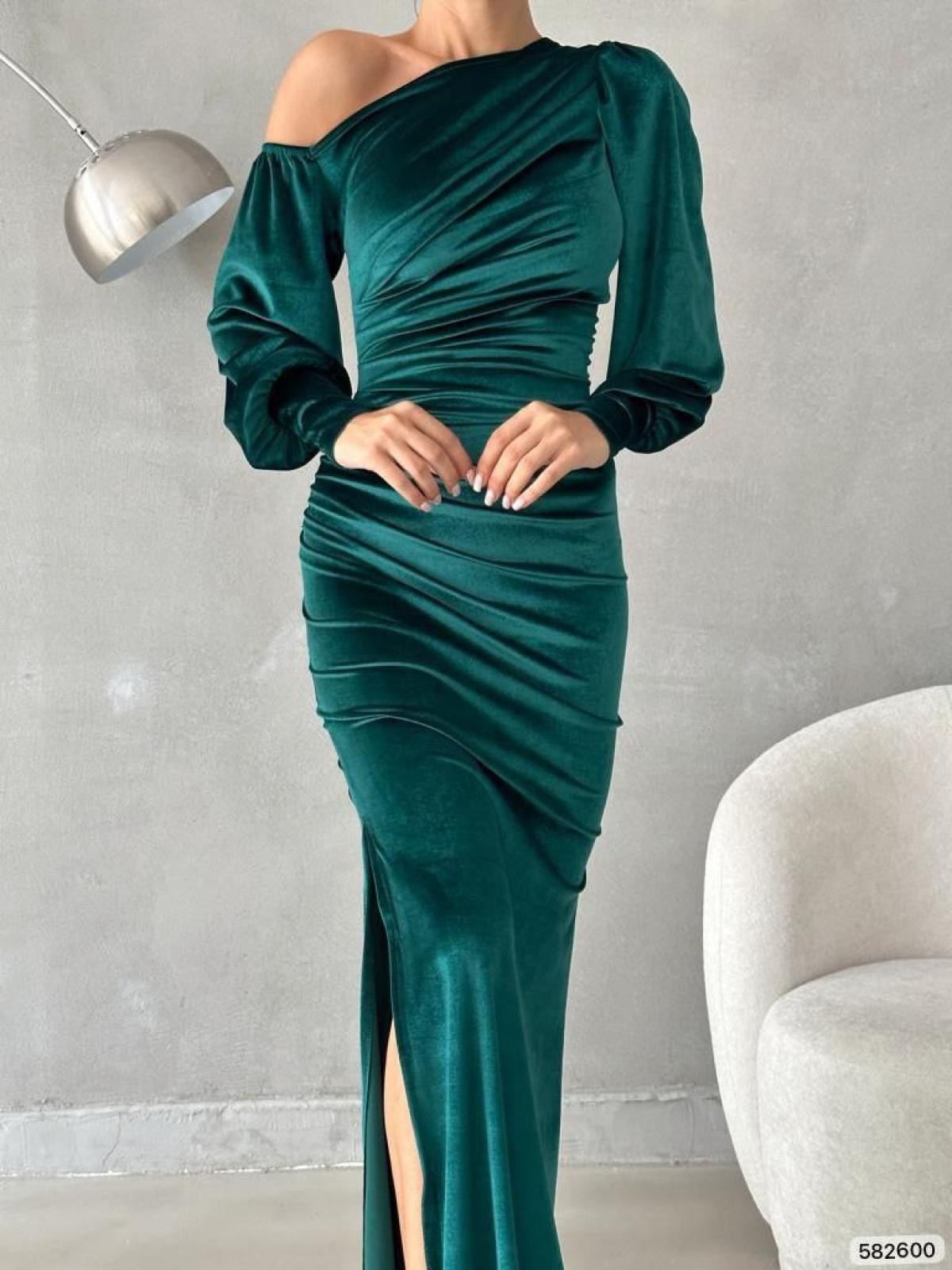 Women one-open-shoulder evening dress wholesale Green color 668801