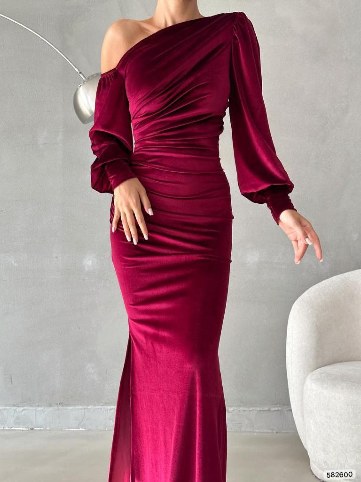 Women one-open-shoulder evening dress wholesale Burgundy color 668805