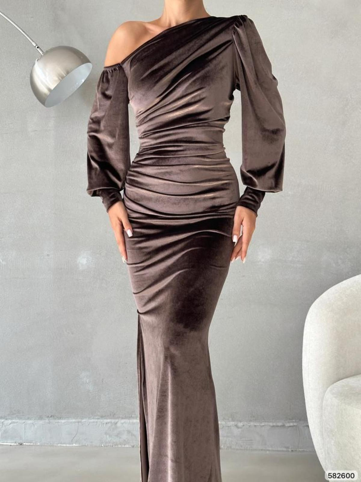 Women one-open-shoulder evening dress wholesale Mink color 668806