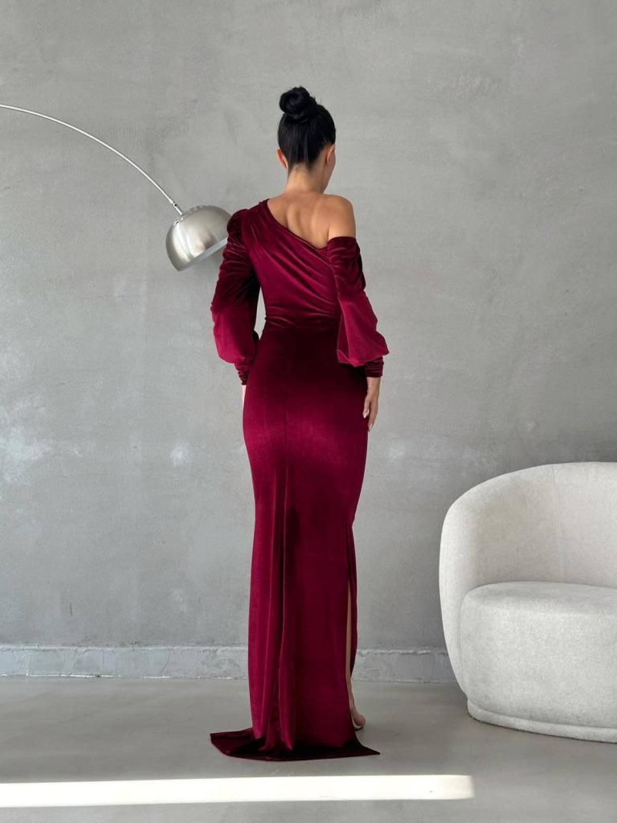 Women one-open-shoulder evening dress wholesale Burgundy color 668805