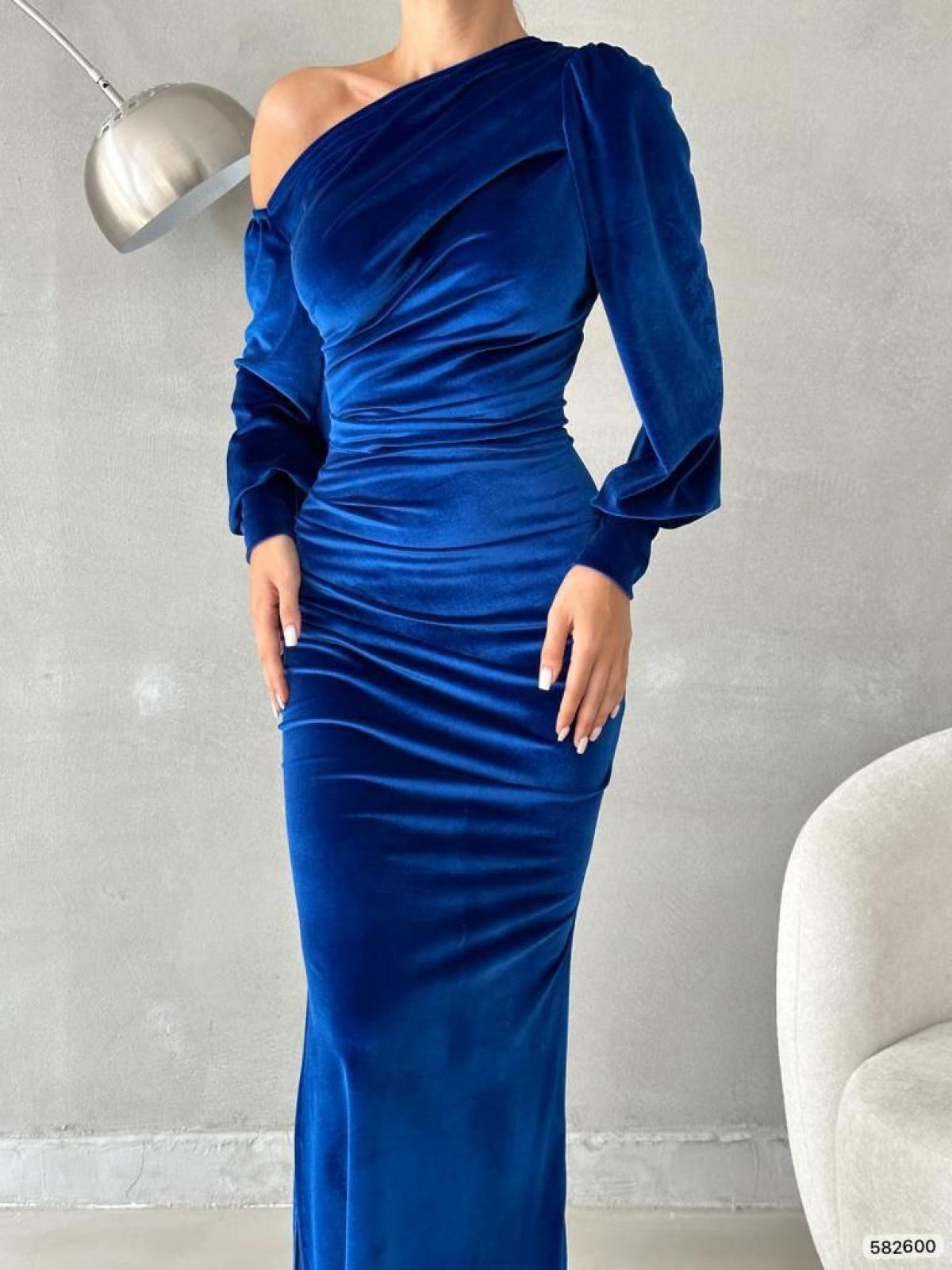 Women one-open-shoulder evening dress wholesale Blue color 668803