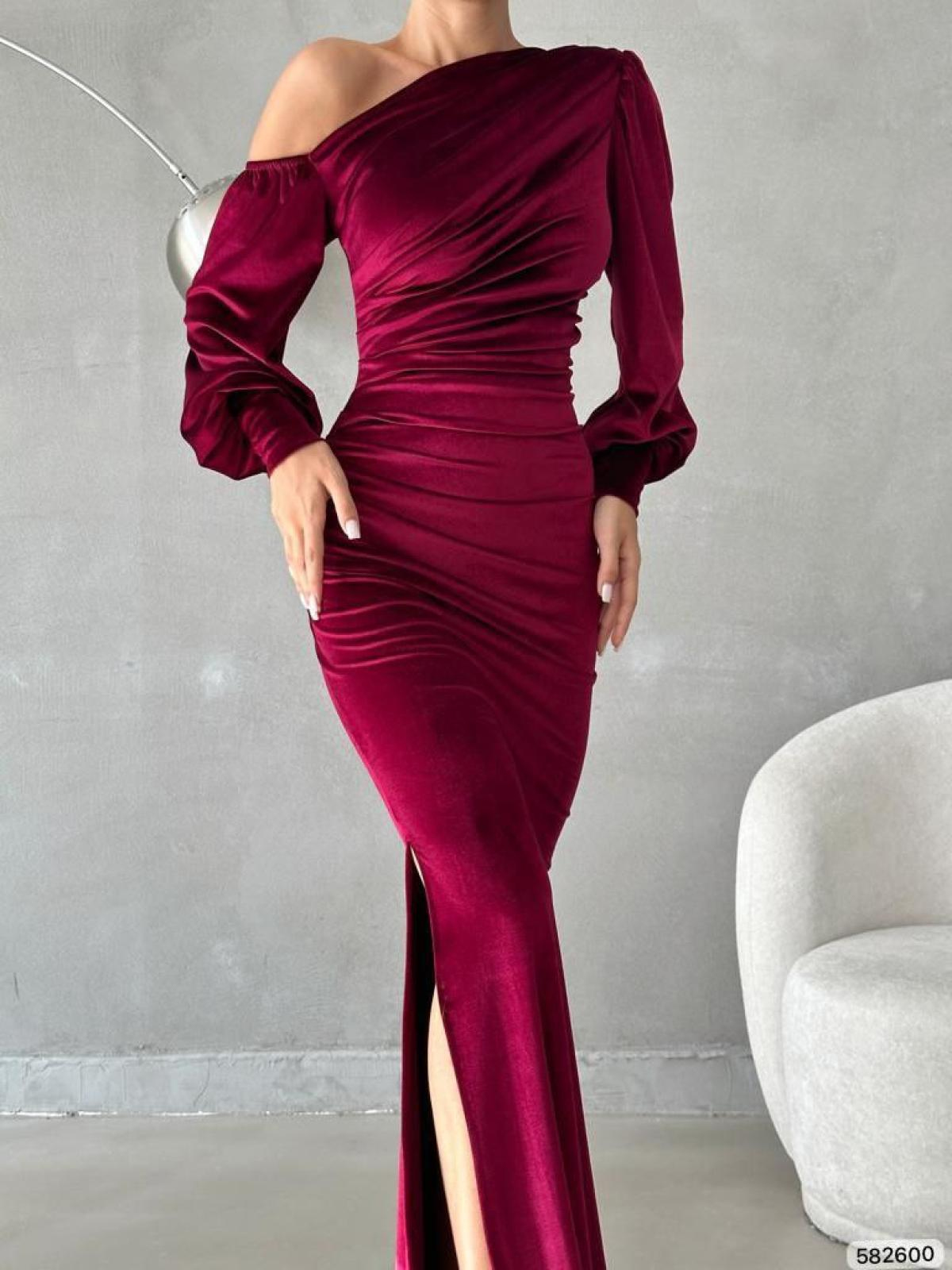 Women one-open-shoulder evening dress wholesale Burgundy color 668805