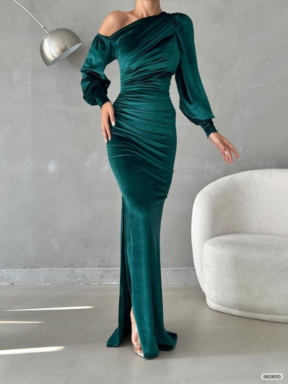 Women one-open-shoulder evening dress wholesale Green color 668801