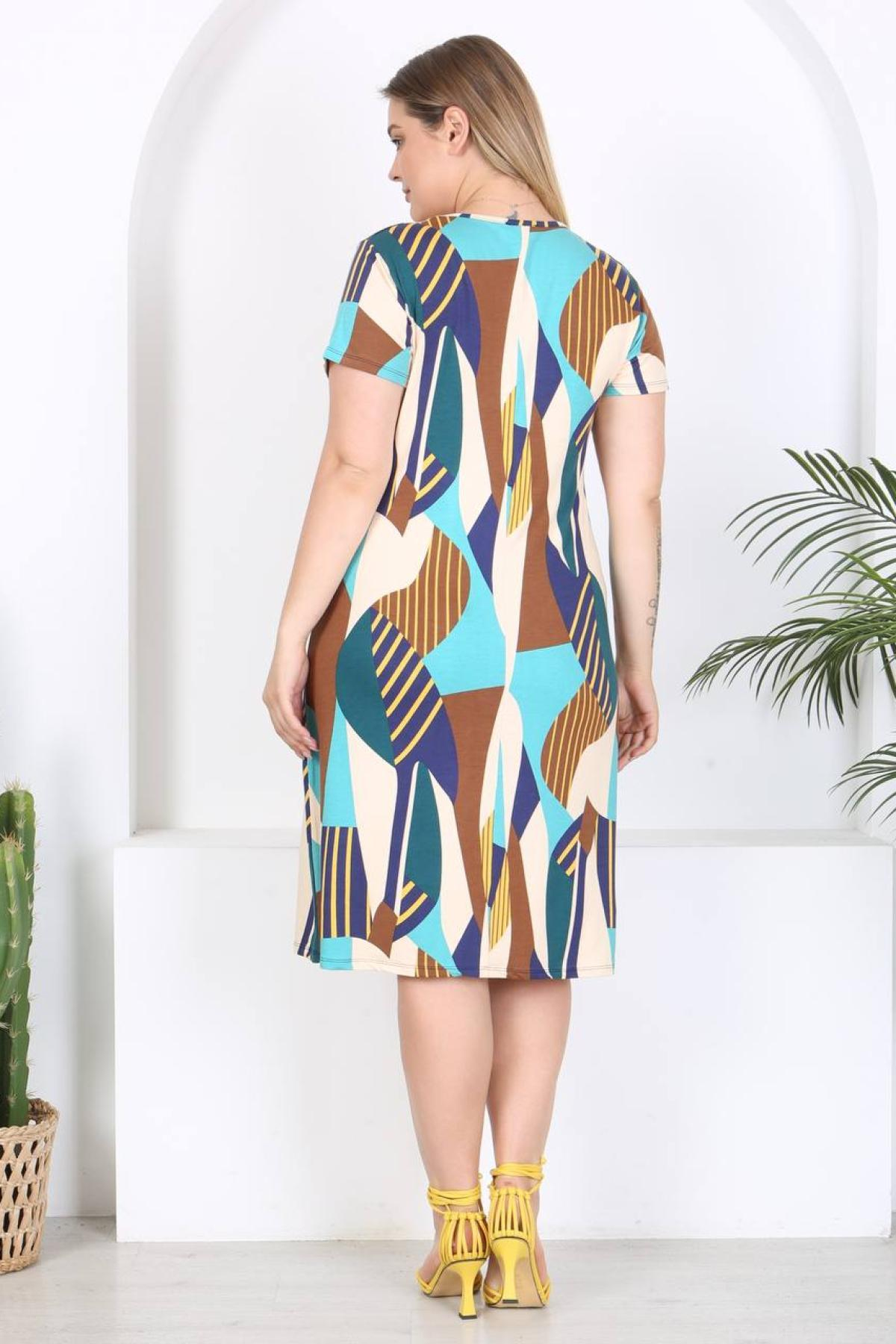 Women patterned midi dress Plus size wholesale Turquoise color 697238