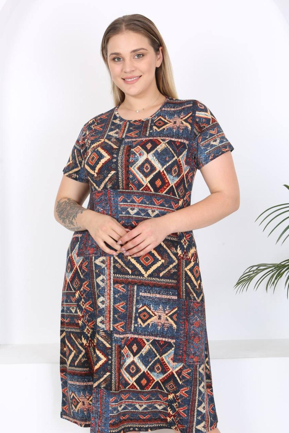 Women patterned midi dress Plus size wholesale Brown-Blue color 697243