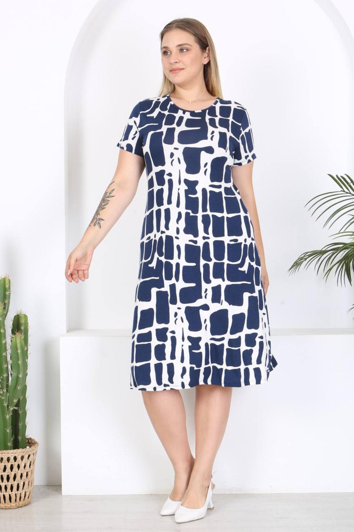 Women patterned midi dress Plus size wholesale Navy color 697241