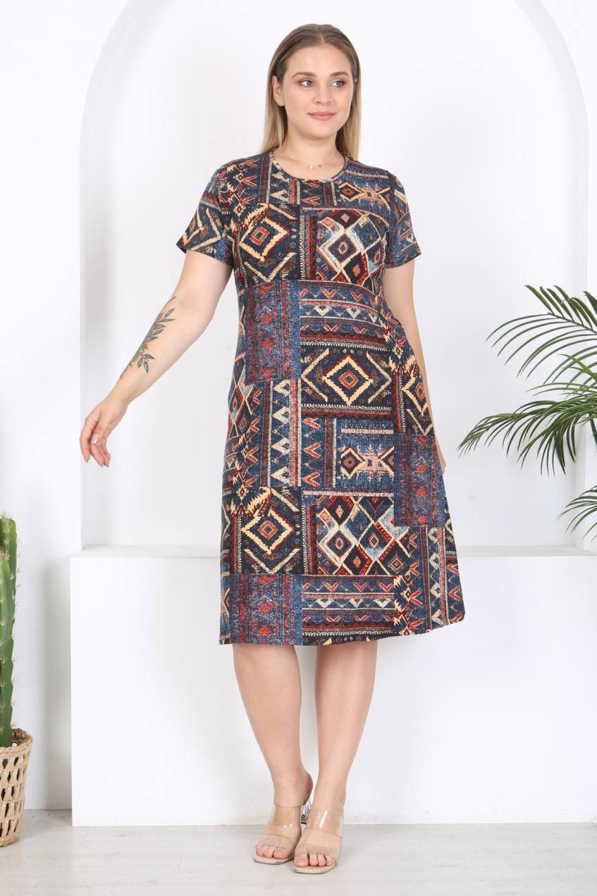 Women patterned midi dress Plus size wholesale Brown-Blue color 697243