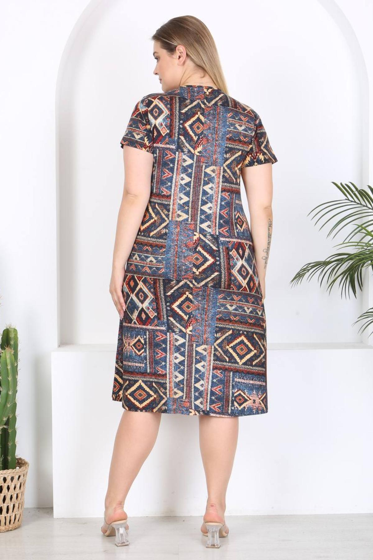 Women patterned midi dress Plus size wholesale Brown-Blue color 697243