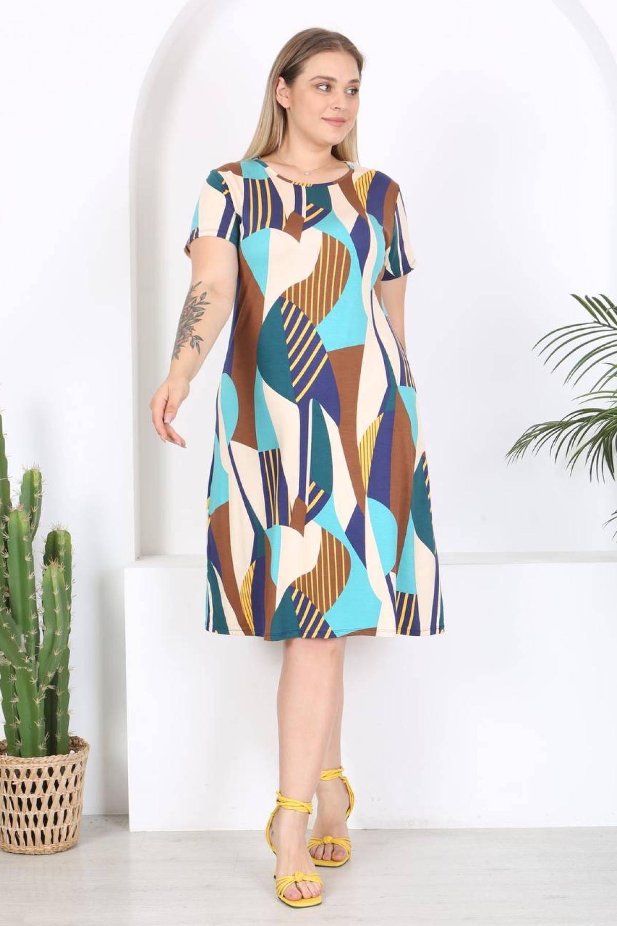Women patterned midi dress Plus size wholesale Turquoise color 697238