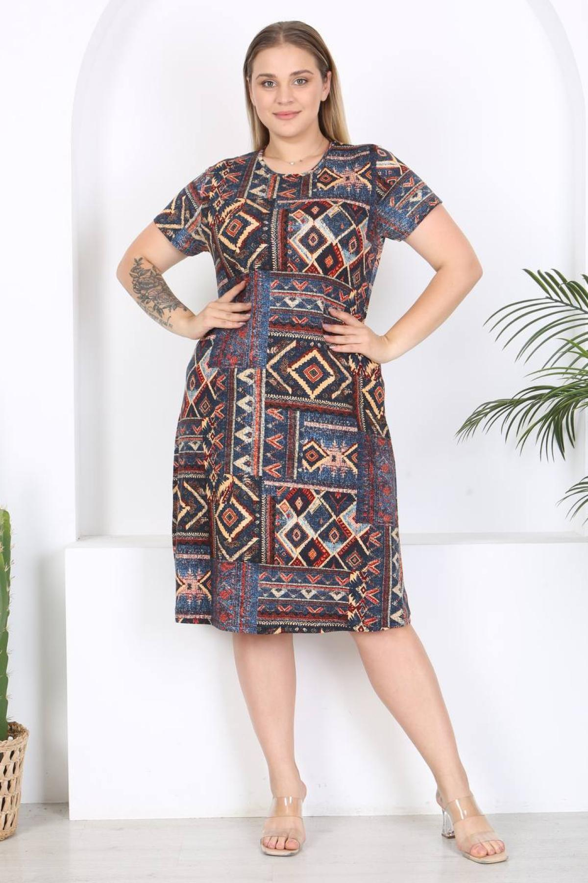 Women patterned midi dress Plus size wholesale Brown-Blue color 697243