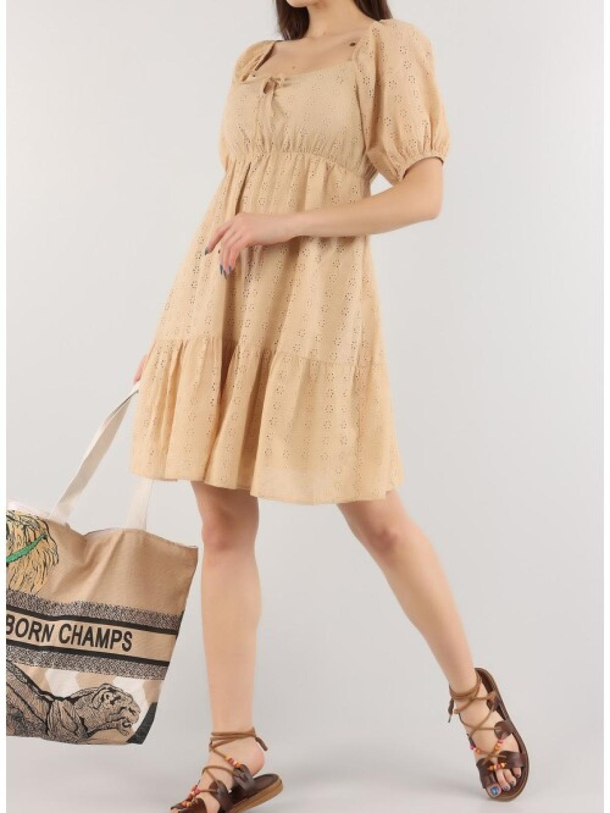 Women peasant-sleeve mini dress wholesale Beige color 670143