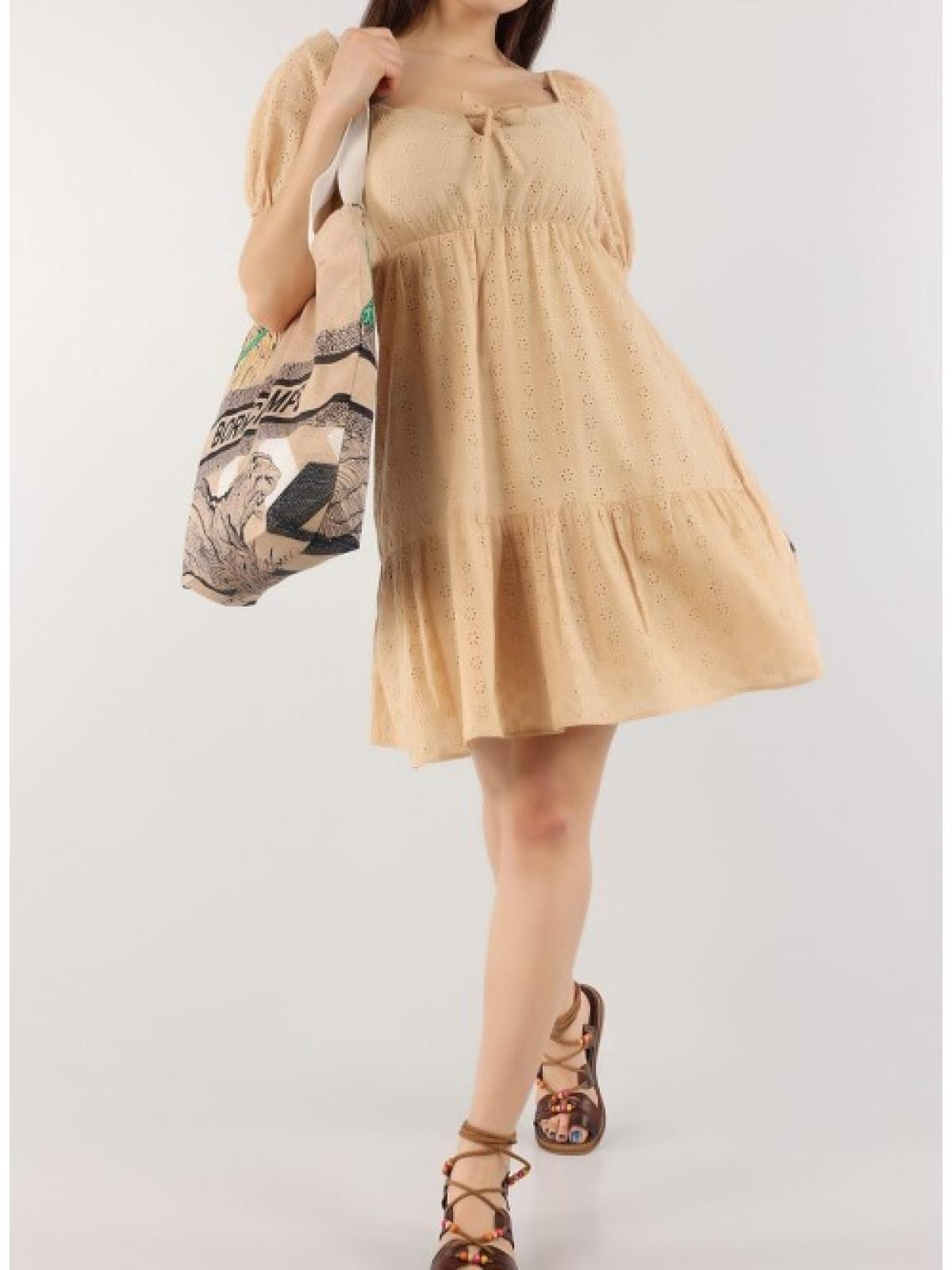 Women peasant-sleeve mini dress wholesale Beige color 670143