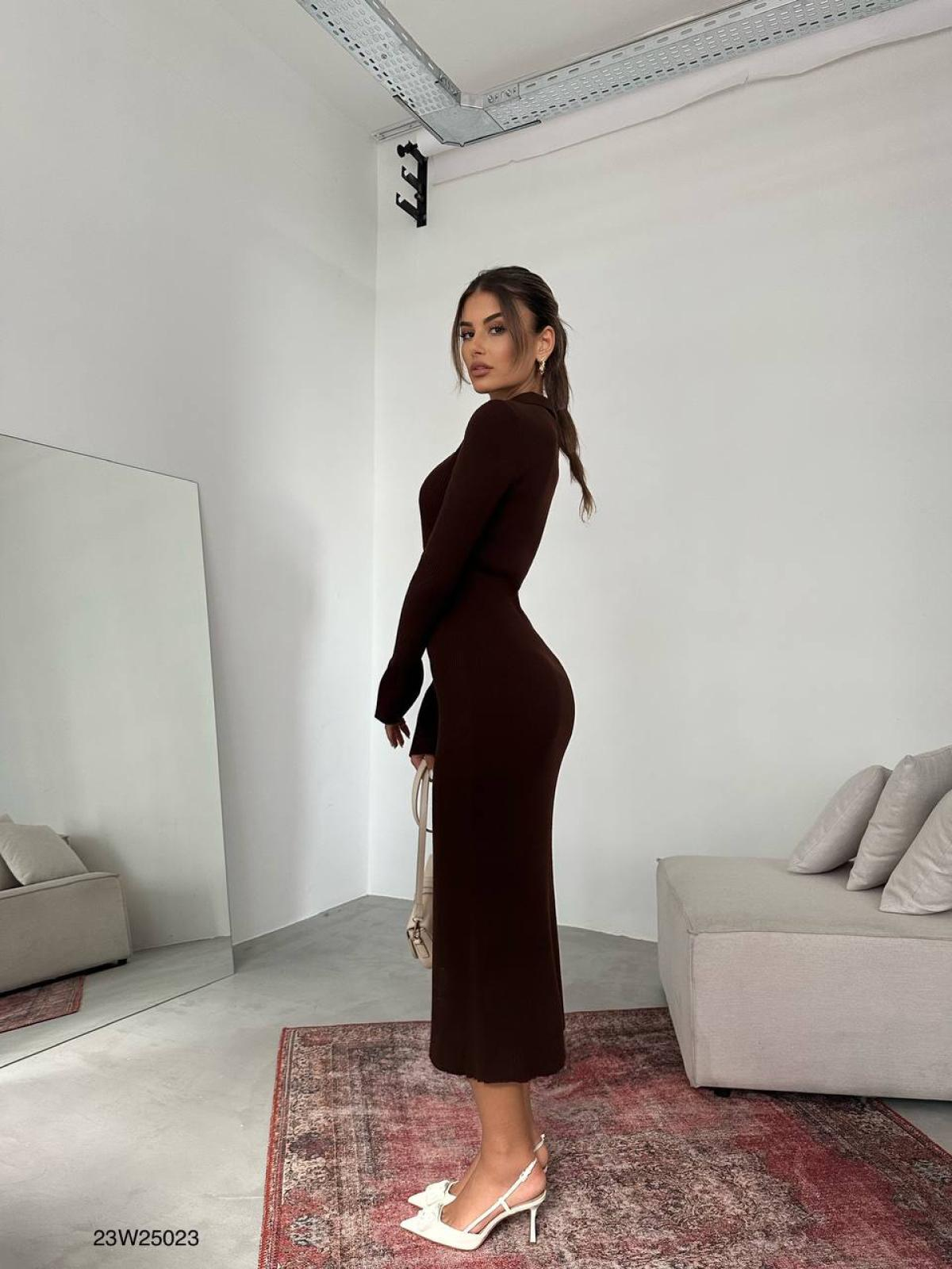 Women polo neck midi dress with buttons wholesale Dark Brown color 669108