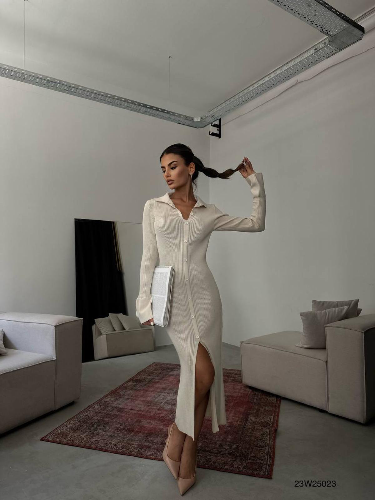 Women polo neck midi dress with buttons wholesale Cream color 669109