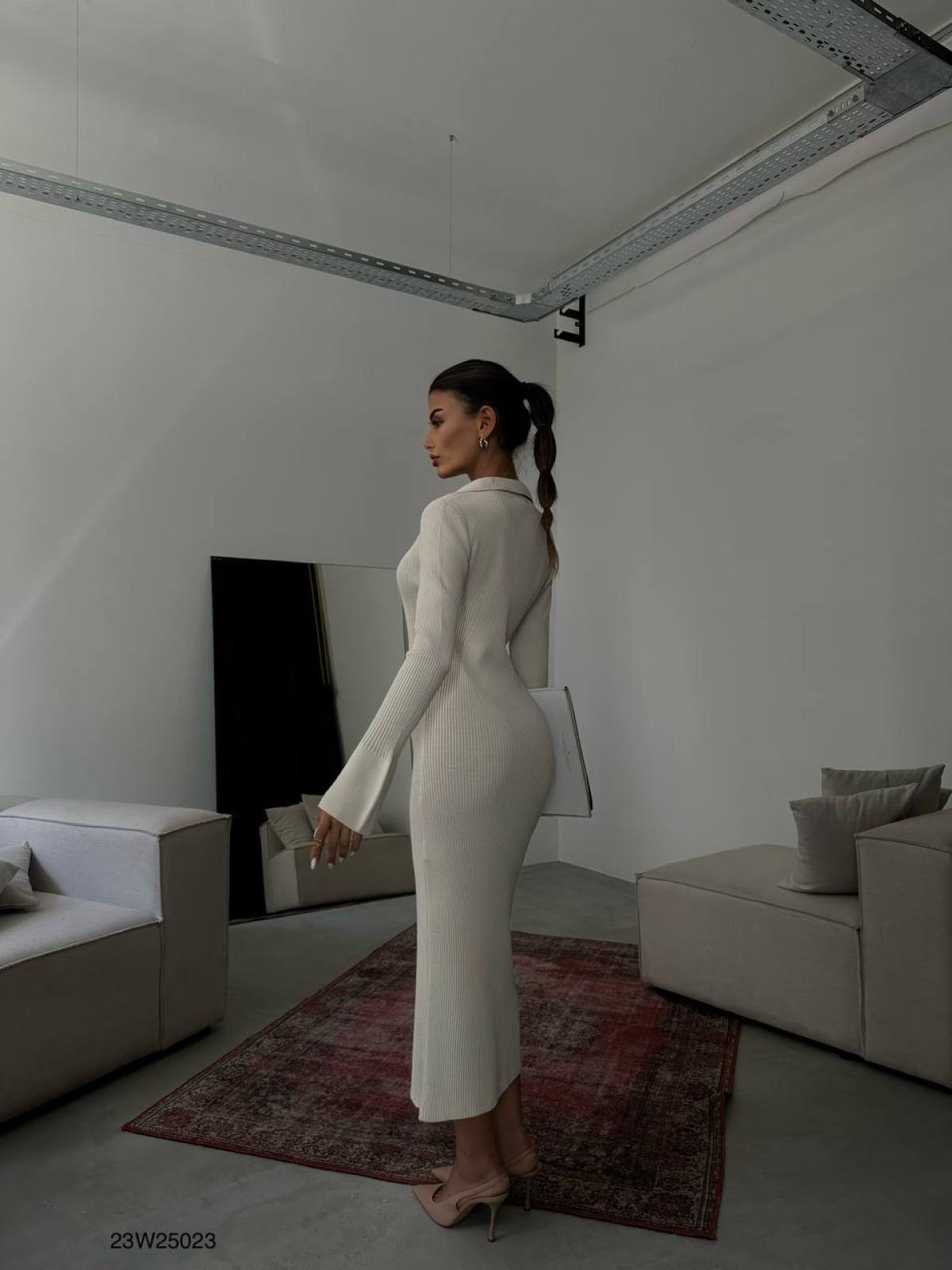 Women polo neck midi dress with buttons wholesale Cream color 669109