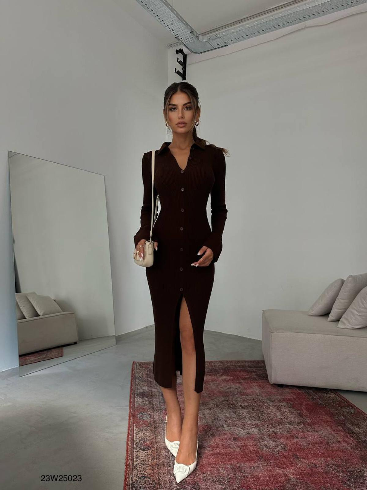 Women polo neck midi dress with buttons wholesale Dark Brown color 669108