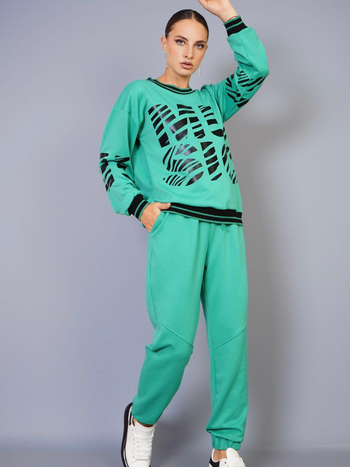 Women Printed Sweatshirt And Pants Set Wholesale Persian Green Color