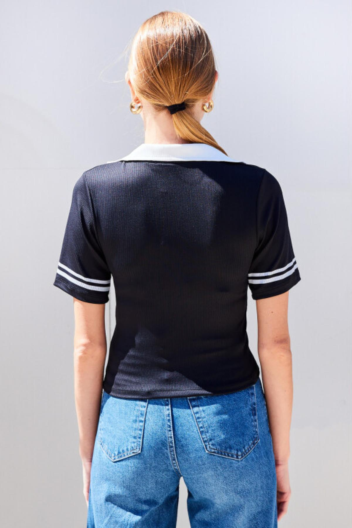 Women ribbed polo shirt wholesale Black color 695928