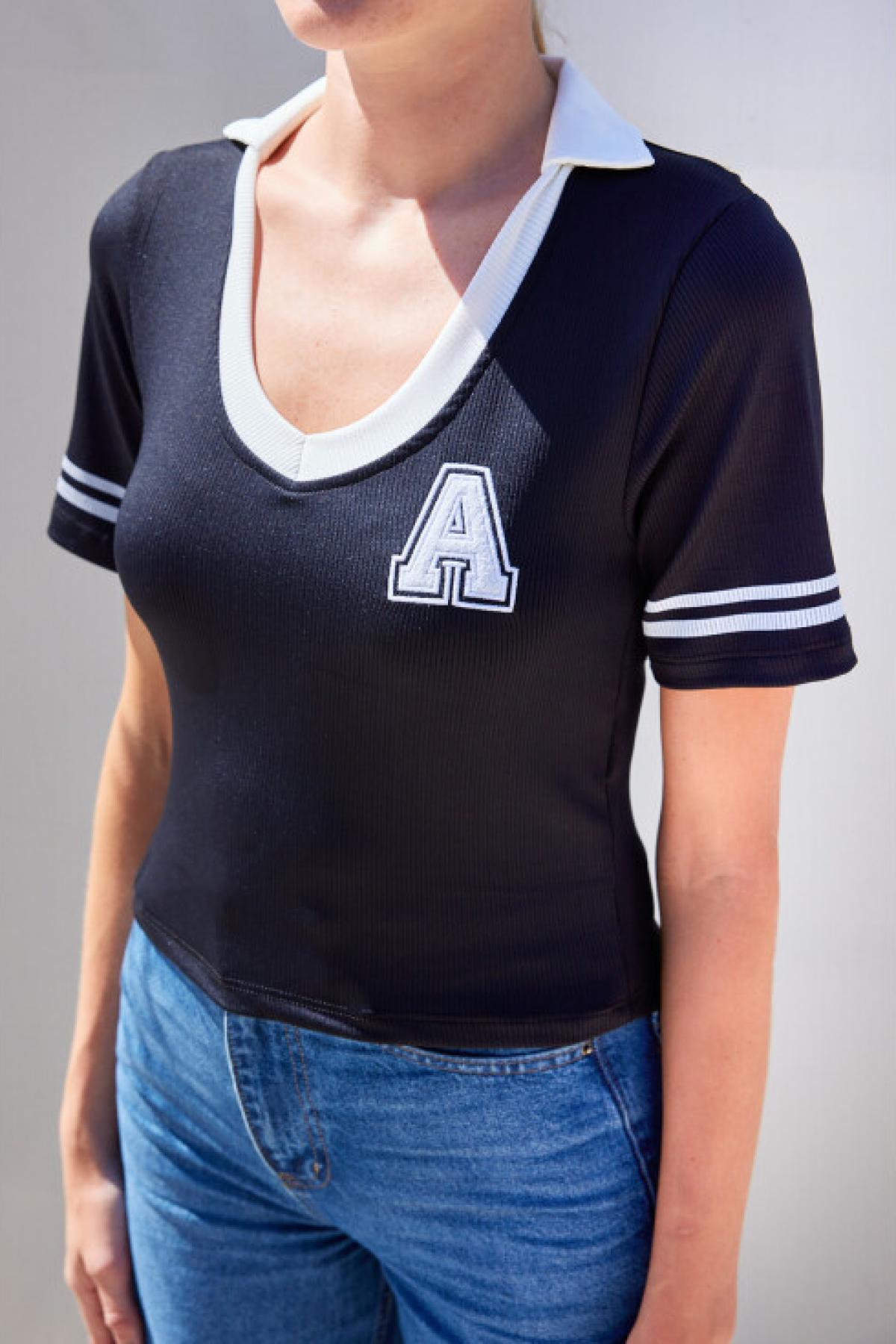 Women ribbed polo shirt wholesale Black color 695928