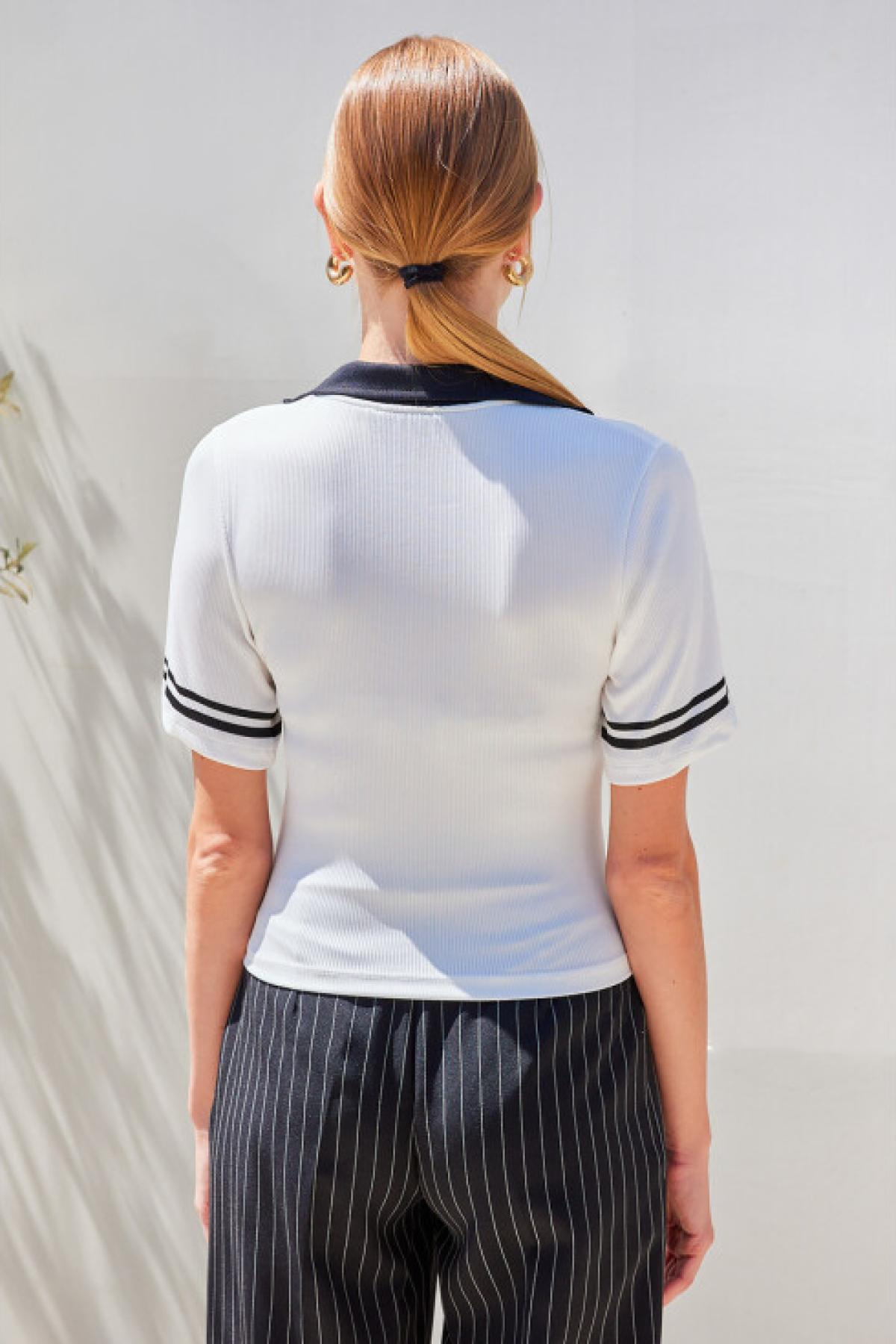 Women ribbed polo shirt wholesale White color 695929